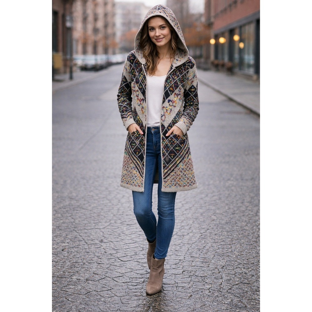 Pinklicious Women's Hooded Cardigan Long Boho Diamond Pattern Knit Sweater L/XL‎